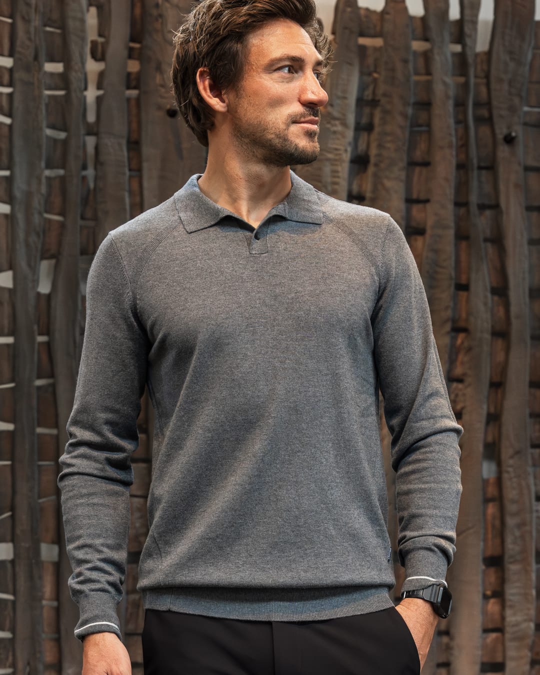Grijze Jeukvrije Merino Wollen Polo Trui